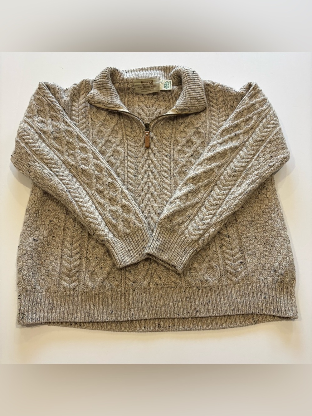 Aran Sweater Market 100% Merino Wool Irish Cable Knit 1/4 Zip Sweater L